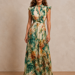 Tropical botanical print chiffon maxi dress with ruffle V-neck