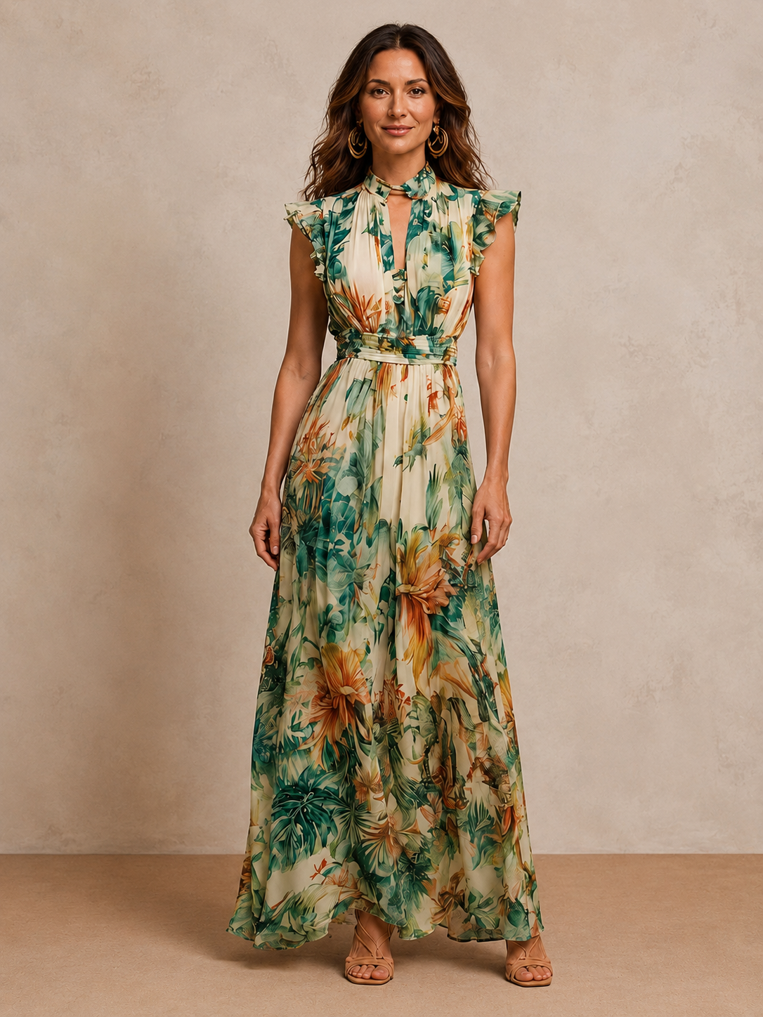 Tropical botanical print chiffon maxi dress with ruffle V-neck
