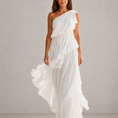 White one-shoulder tiered ruffle maxi dress
