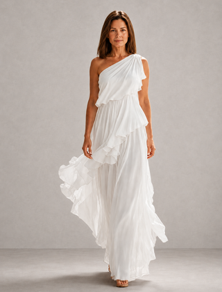 White one-shoulder tiered ruffle maxi dress