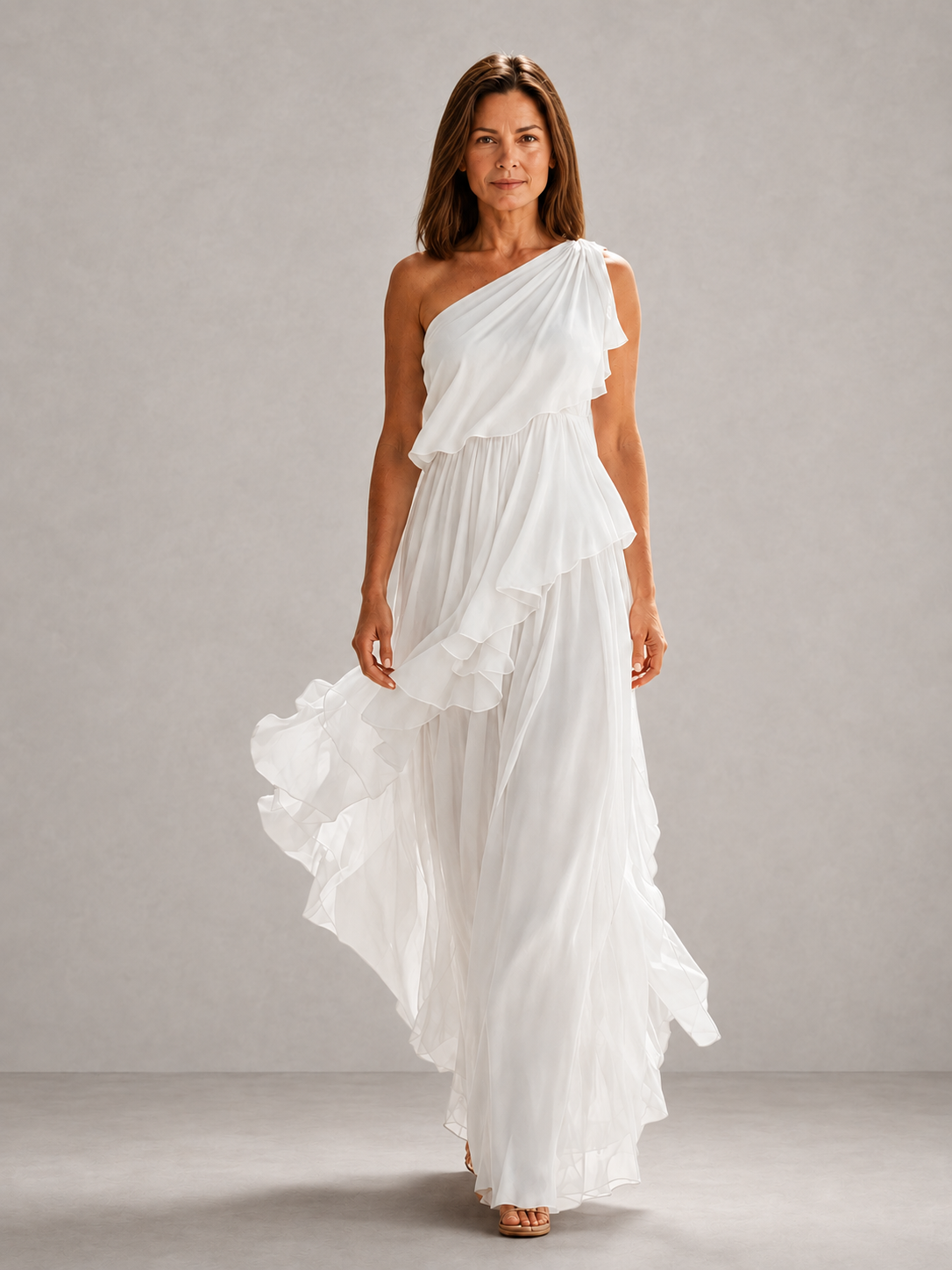 White one-shoulder tiered ruffle maxi dress