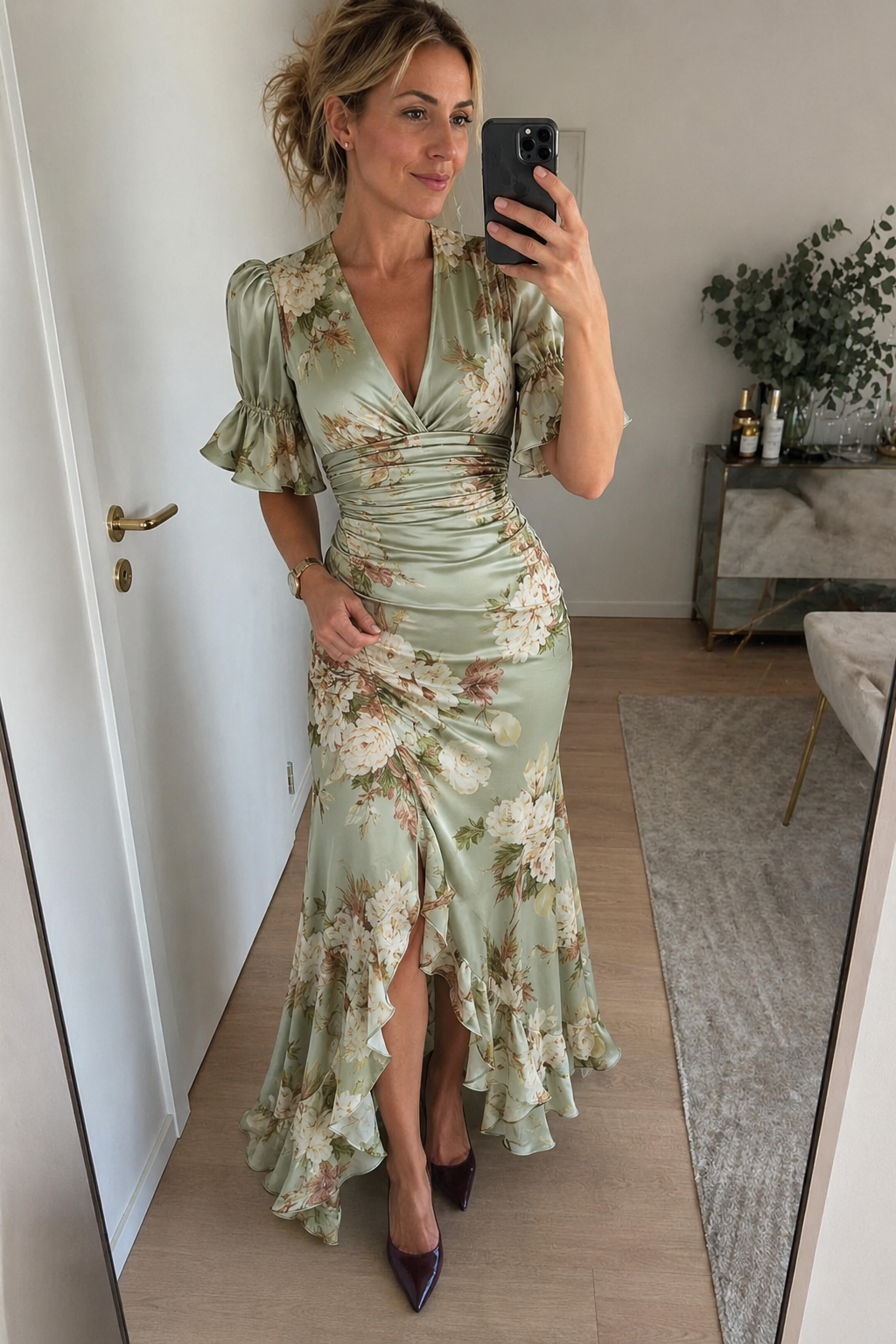 Anastasia | Green Satin Maxi Dress