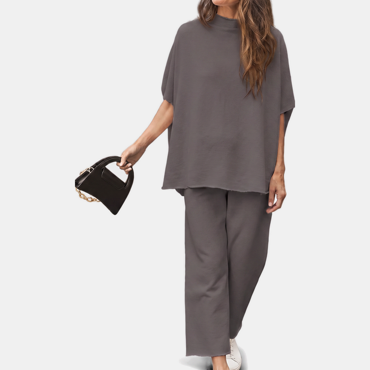 Mock Neck Lounge Set Wide Leg Cropped Pants