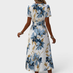 Elara | Watercolor Floral Midi Dress with Waist Tie