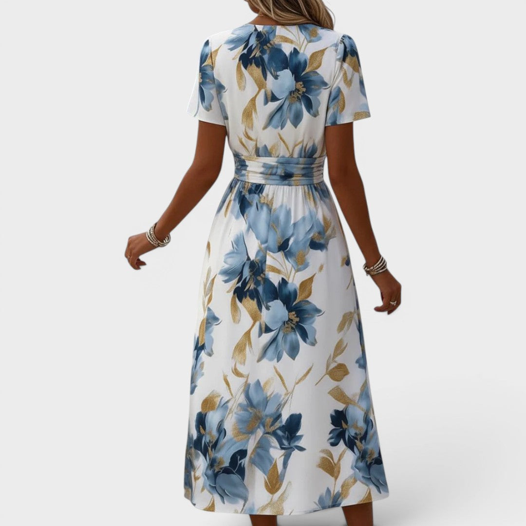Elara | Watercolor Floral Midi Dress with Waist Tie