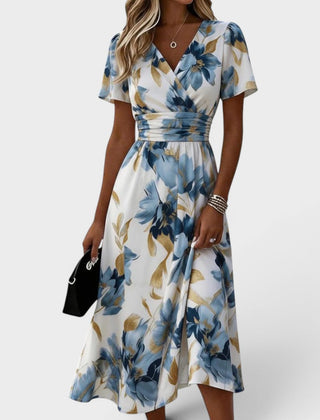 Elara | Watercolor Floral Midi Dress with Waist Tie