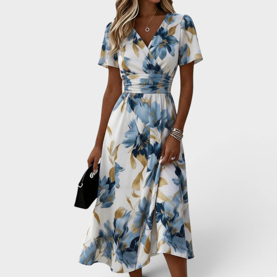 Elara | Watercolor Floral Midi Dress with Waist Tie