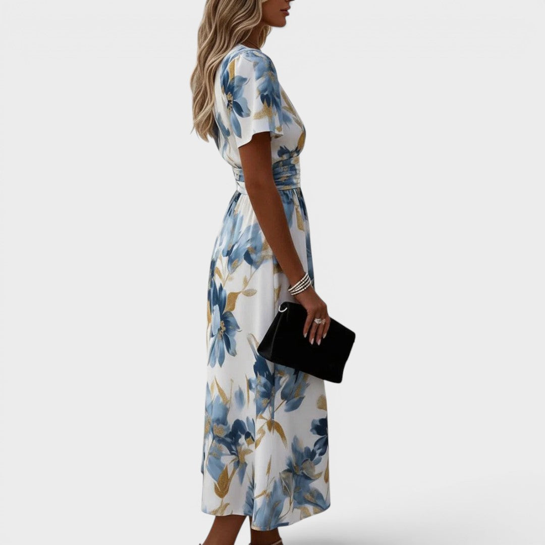 Elara | Watercolor Floral Midi Dress with Waist Tie