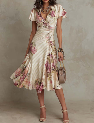 Margaret | Vintage Floral Satin Midi Dress