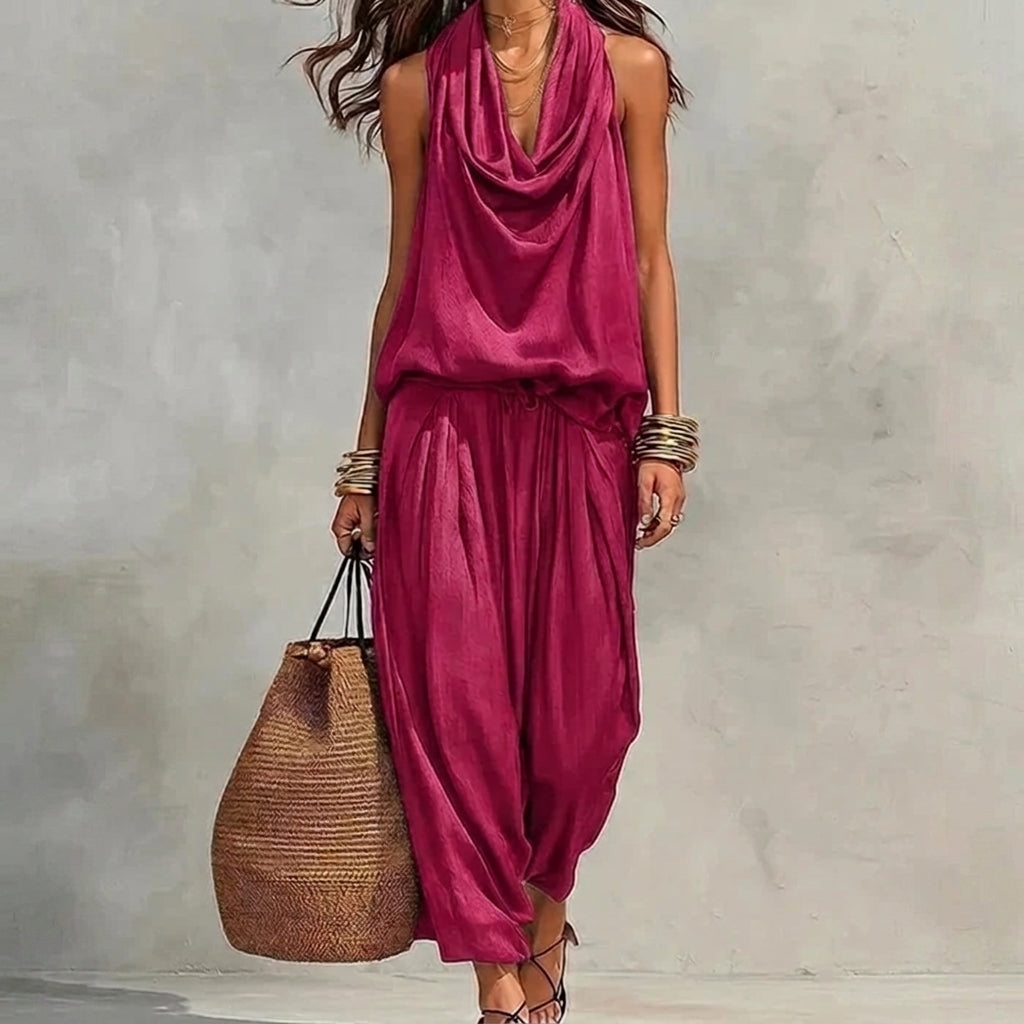 Flowy Set with Draped Halter Top and Pants