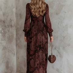 Paisley Zip-Waist Long-Sleeve Maxi Dress for Women