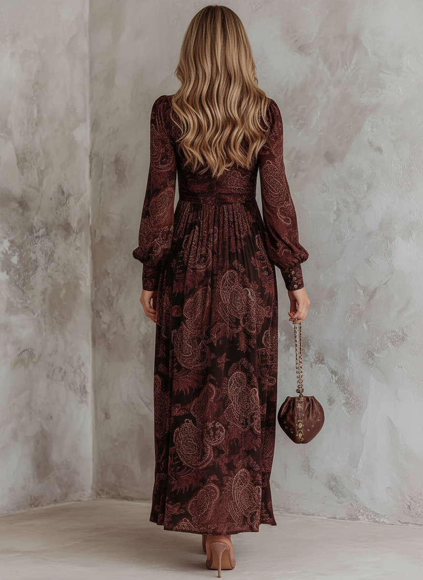 Paisley Zip-Waist Long-Sleeve Maxi Dress for Women