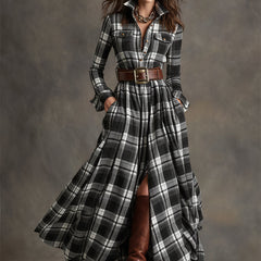 Belted Button-Front Long-Sleeve Maxi Shirt Dress for Women