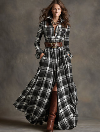 Belted Button-Front Long-Sleeve Maxi Shirt Dress for Women