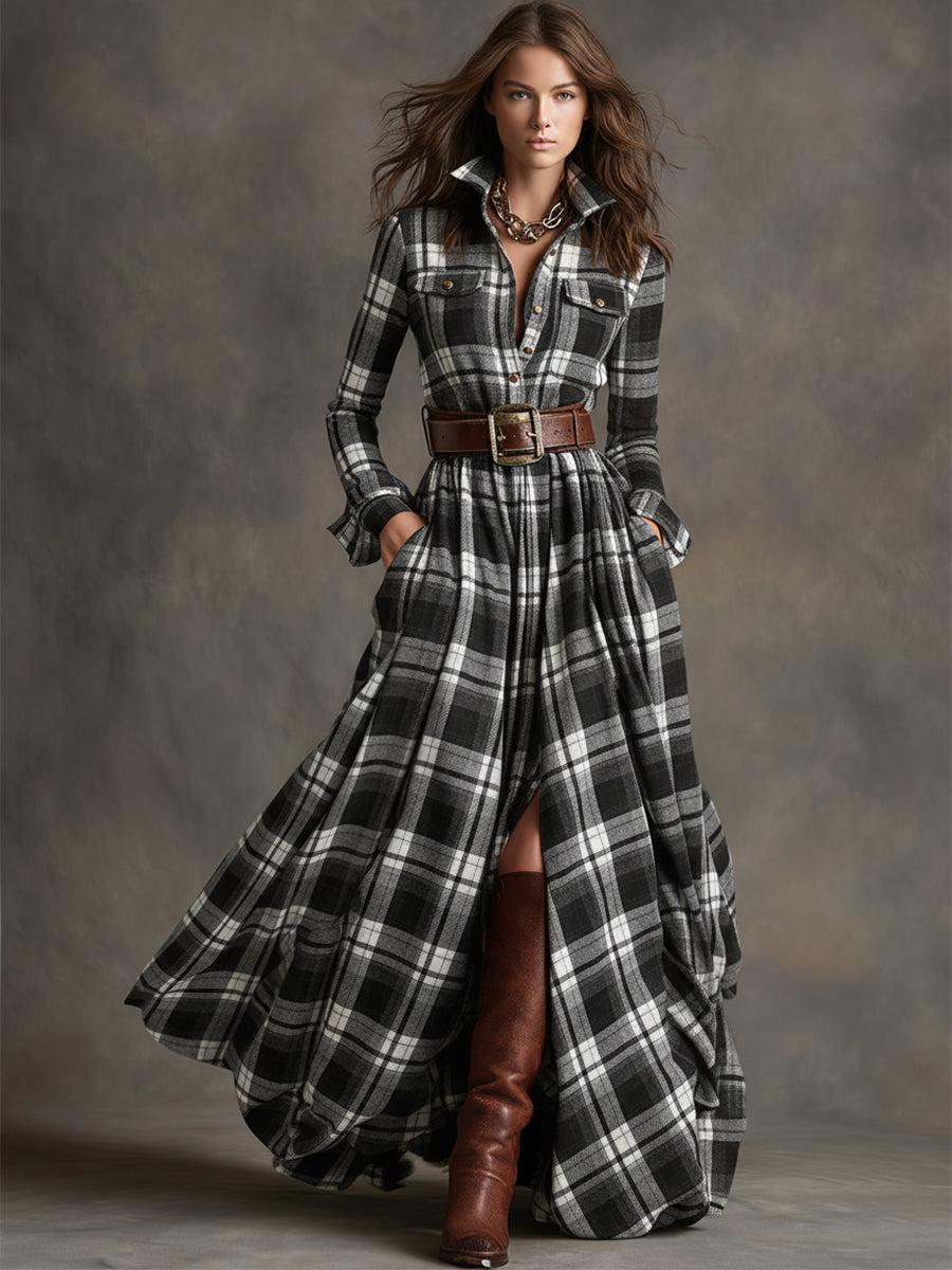 Belted Button-Front Long-Sleeve Maxi Shirt Dress for Women