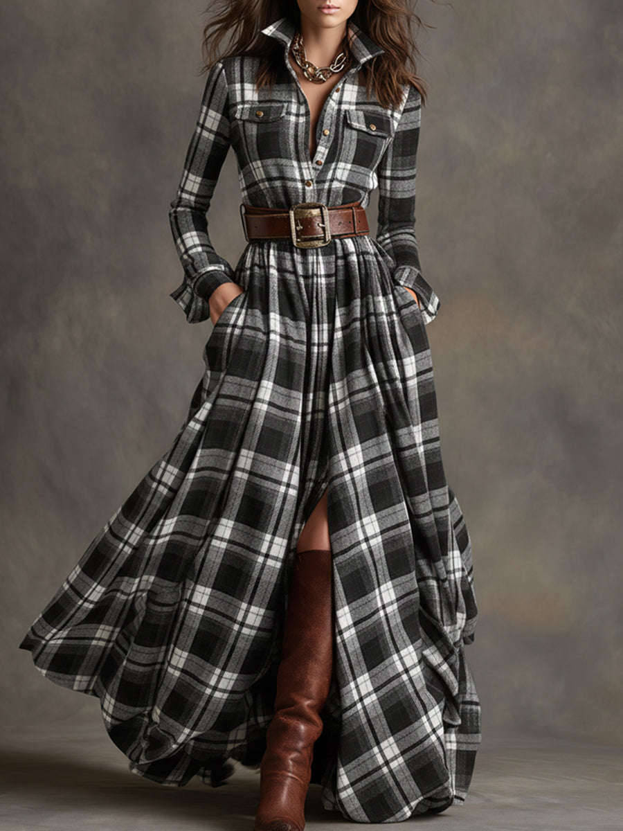 Belted Button-Front Long-Sleeve Maxi Shirt Dress for Women