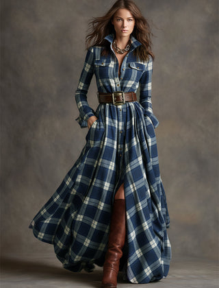 Belted Button-Front Long-Sleeve Maxi Shirt Dress for Women