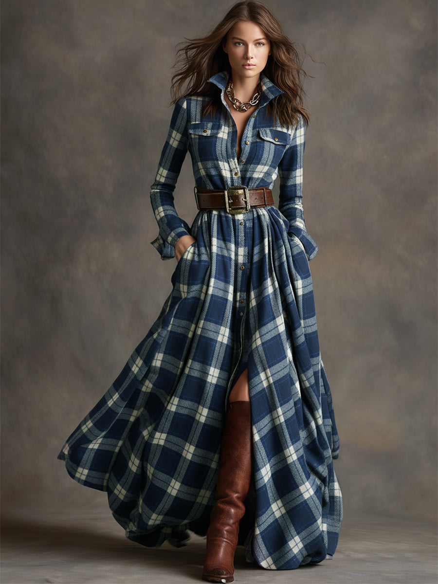 Belted Button-Front Long-Sleeve Maxi Shirt Dress for Women