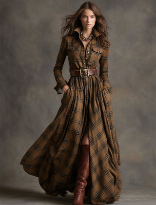 Belted Button-Front Long-Sleeve Maxi Shirt Dress for Women
