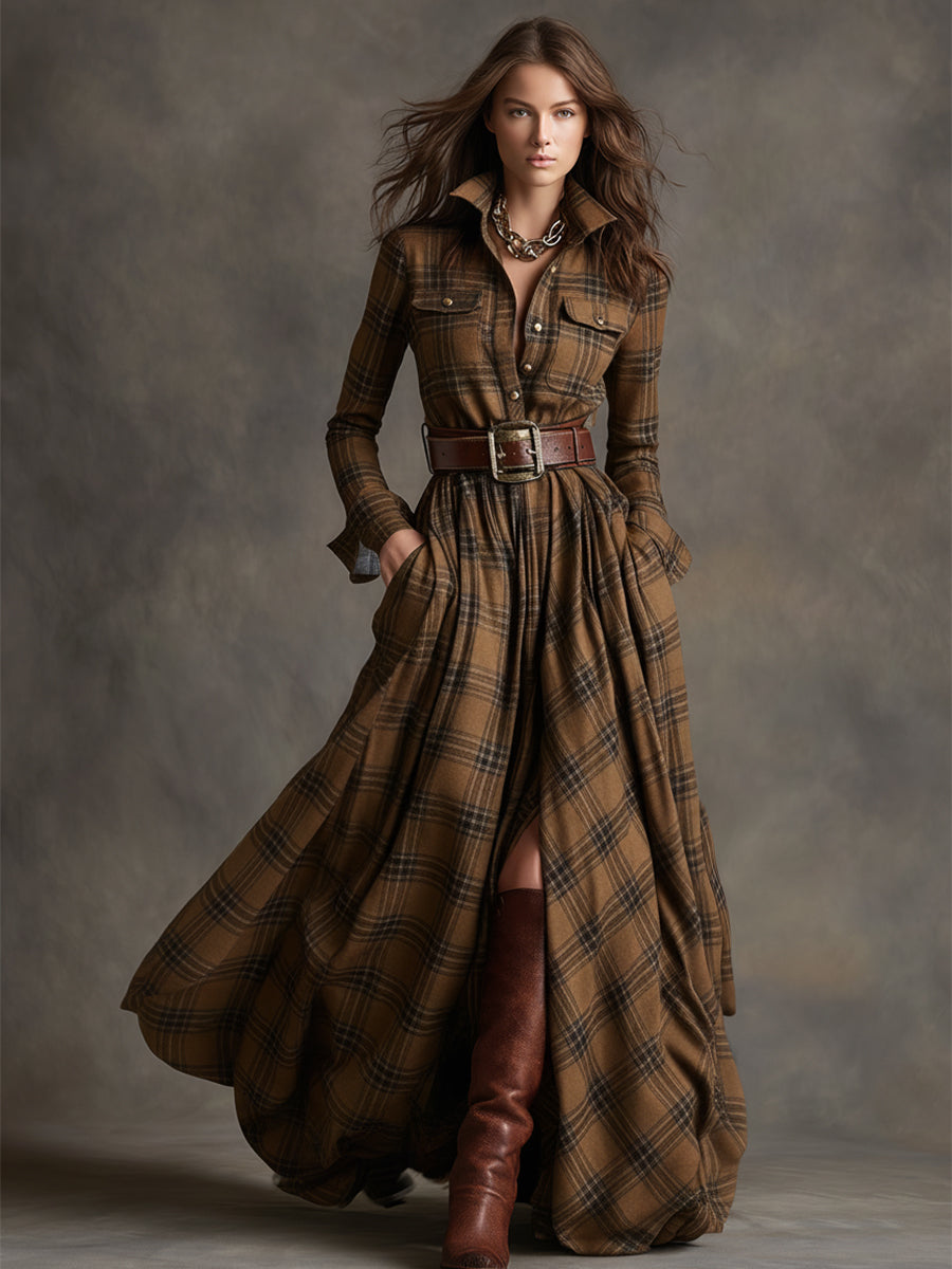 Belted Button-Front Long-Sleeve Maxi Shirt Dress for Women