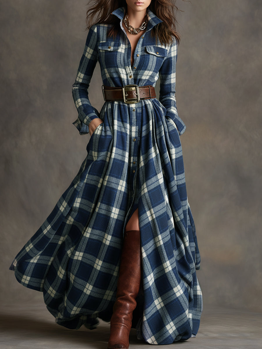 Belted Button-Front Long-Sleeve Maxi Shirt Dress for Women