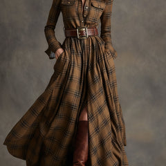 Belted Button-Front Long-Sleeve Maxi Shirt Dress for Women