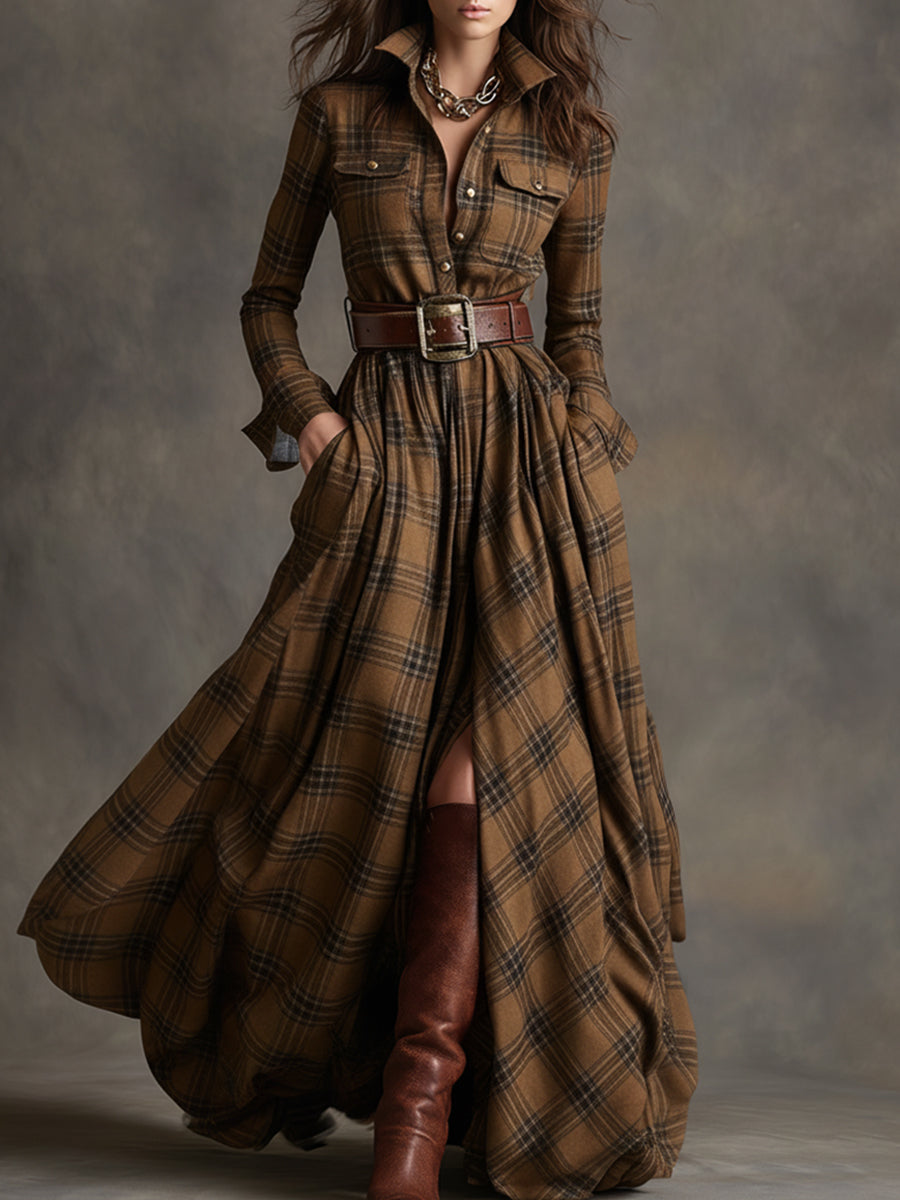 Belted Button-Front Long-Sleeve Maxi Shirt Dress for Women