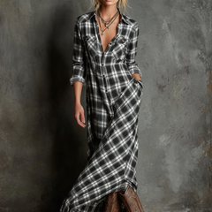 Plaid Button-Front Long-Sleeve Maxi Shirt Dress for Women