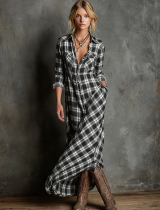 Plaid Button-Front Long-Sleeve Maxi Shirt Dress for Women