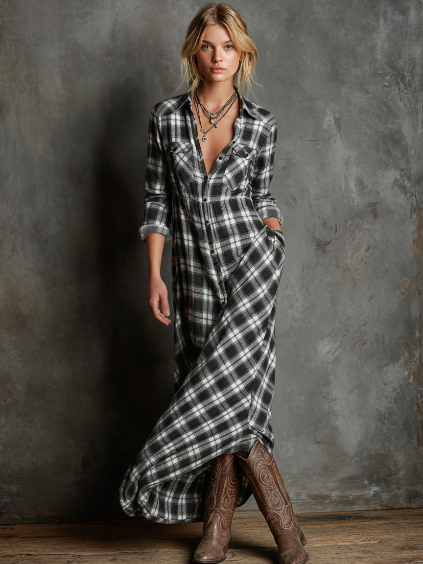 Plaid Button-Front Long-Sleeve Maxi Shirt Dress for Women