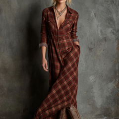 Plaid Button-Front Long-Sleeve Maxi Shirt Dress for Women