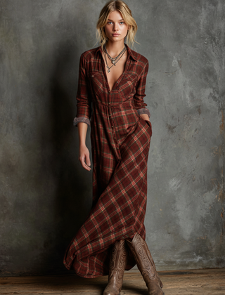 Plaid Button-Front Long-Sleeve Maxi Shirt Dress for Women