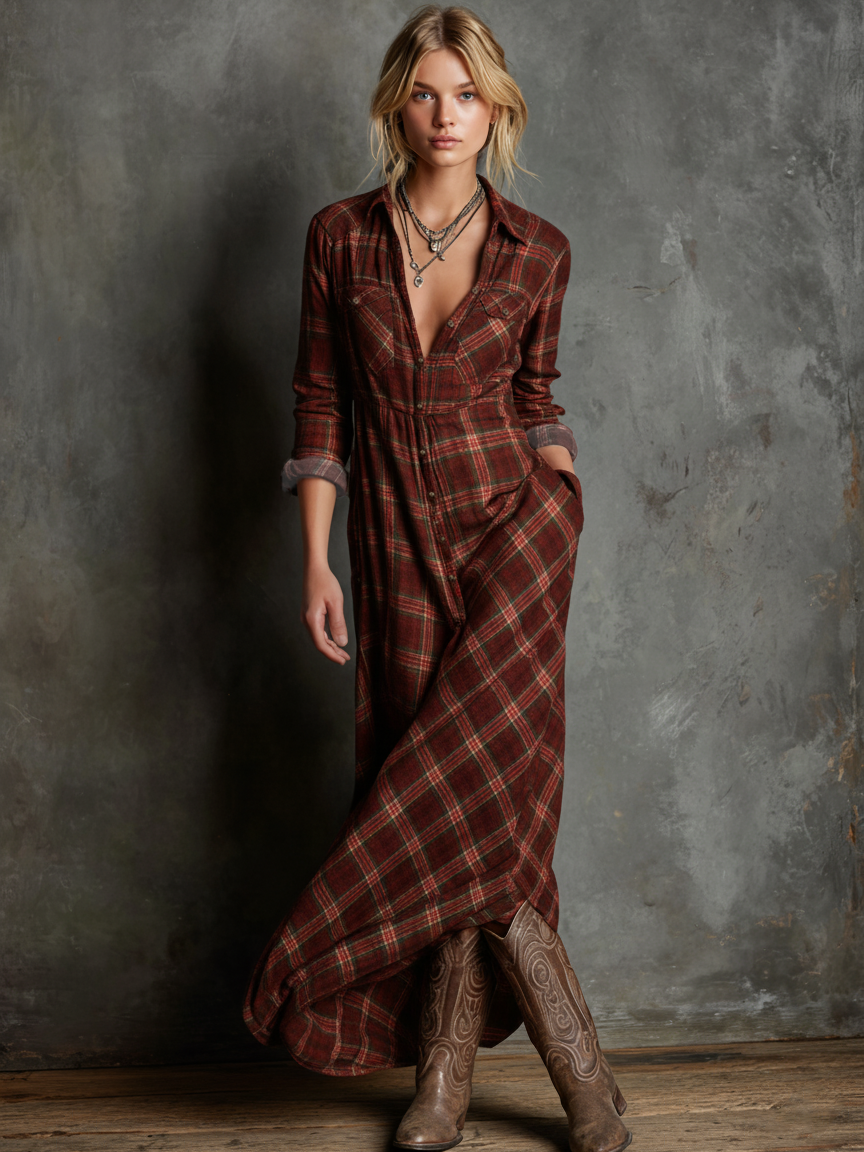 Plaid Button-Front Long-Sleeve Maxi Shirt Dress for Women