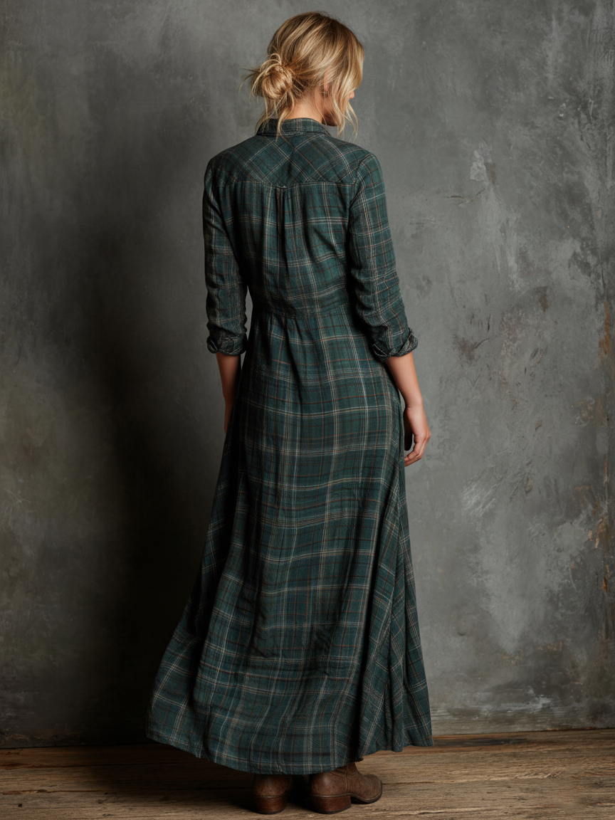 Plaid Button-Front Long-Sleeve Maxi Shirt Dress for Women