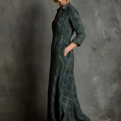 Plaid Button-Front Long-Sleeve Maxi Shirt Dress for Women