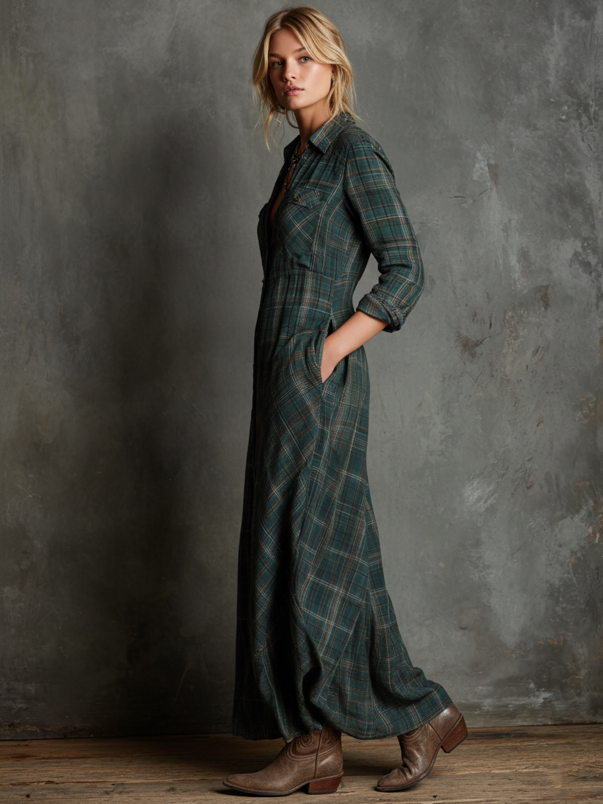 Plaid Button-Front Long-Sleeve Maxi Shirt Dress for Women