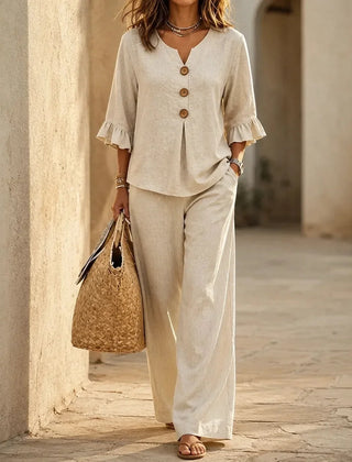 Linen-Look Two-Piece Set with Ruffle Sleeves and Wide-Leg Pants