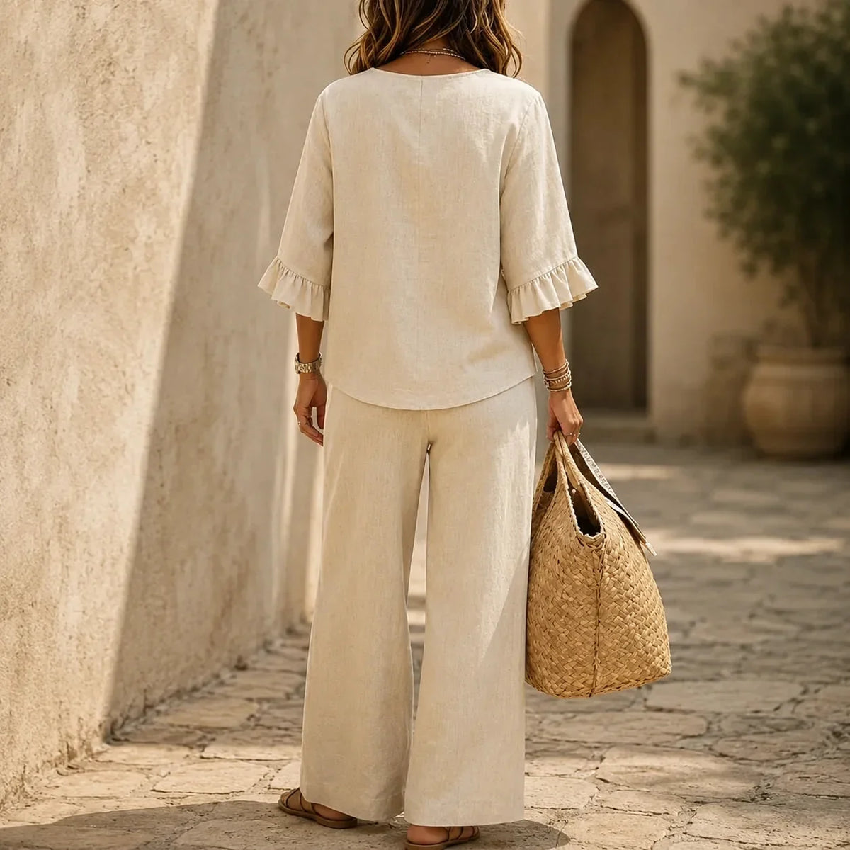 Linen-Look Two-Piece Set with Ruffle Sleeves and Wide-Leg Pants