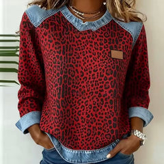 Leopard Print Sweater with Denim Collar