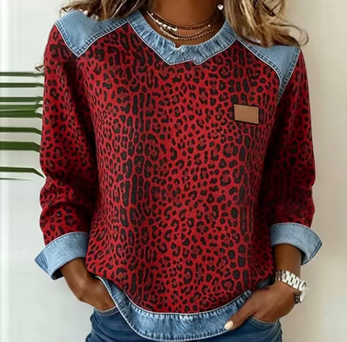 Leopard Print Sweater with Denim Collar