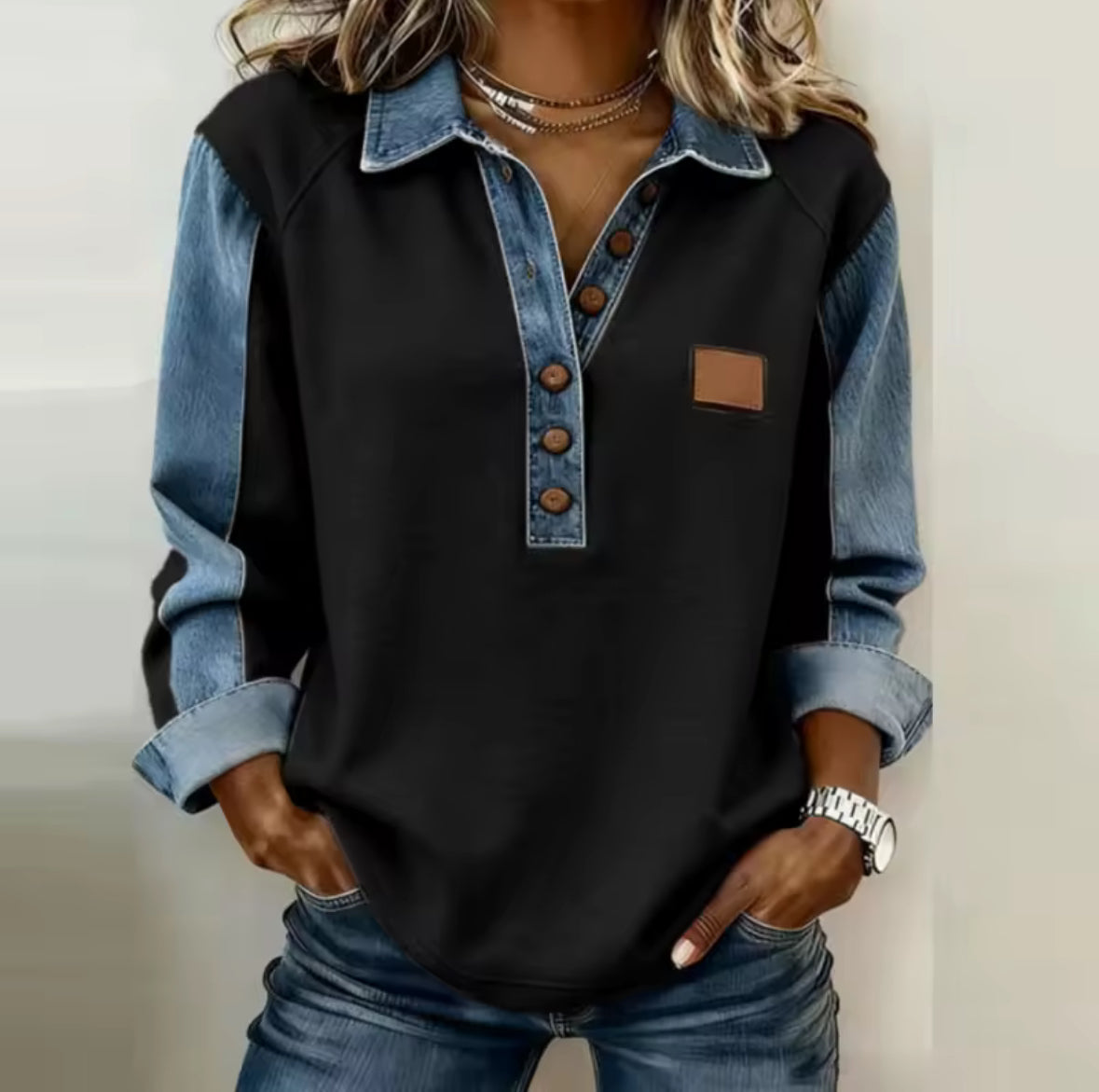 Denim Collar Pullover