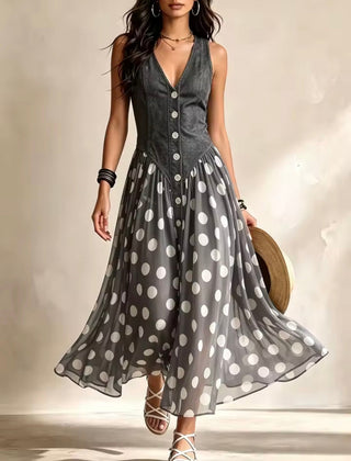 Midi chiffon dress with polka-dot pattern