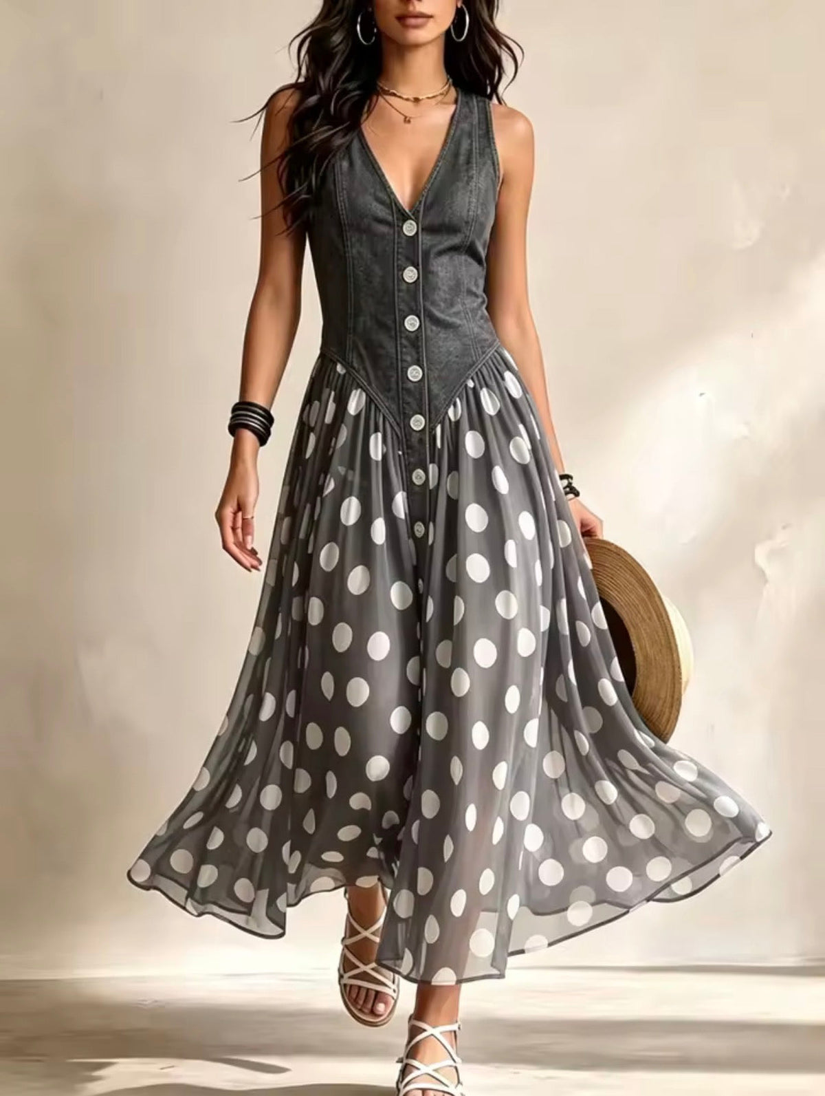 Midi chiffon dress with polka-dot pattern