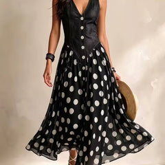 Midi chiffon dress with polka-dot pattern