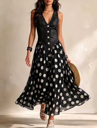 Midi chiffon dress with polka-dot pattern