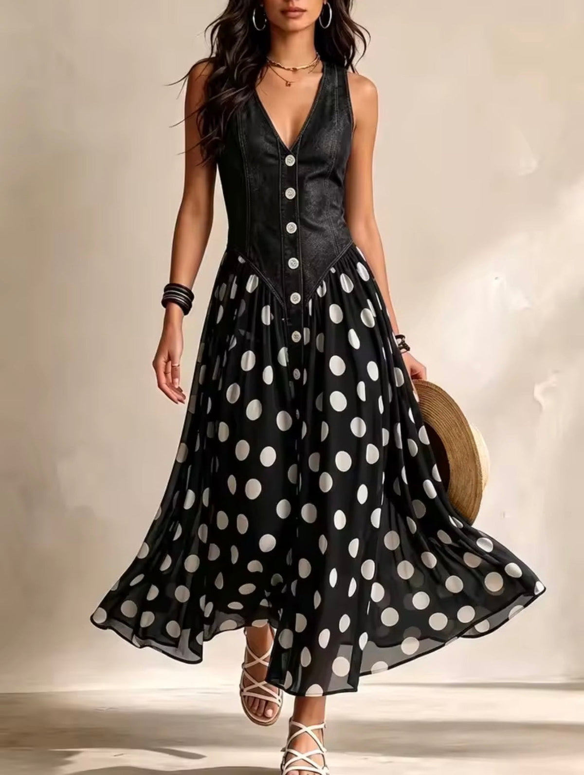Midi chiffon dress with polka-dot pattern