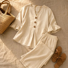 Linen-Look Two-Piece Set with Ruffle Sleeves and Wide-Leg Pants