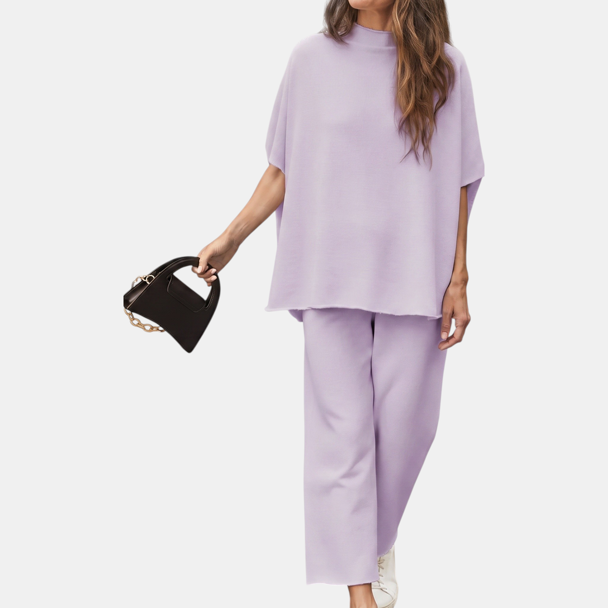 Mock Neck Lounge Set Wide Leg Cropped Pants