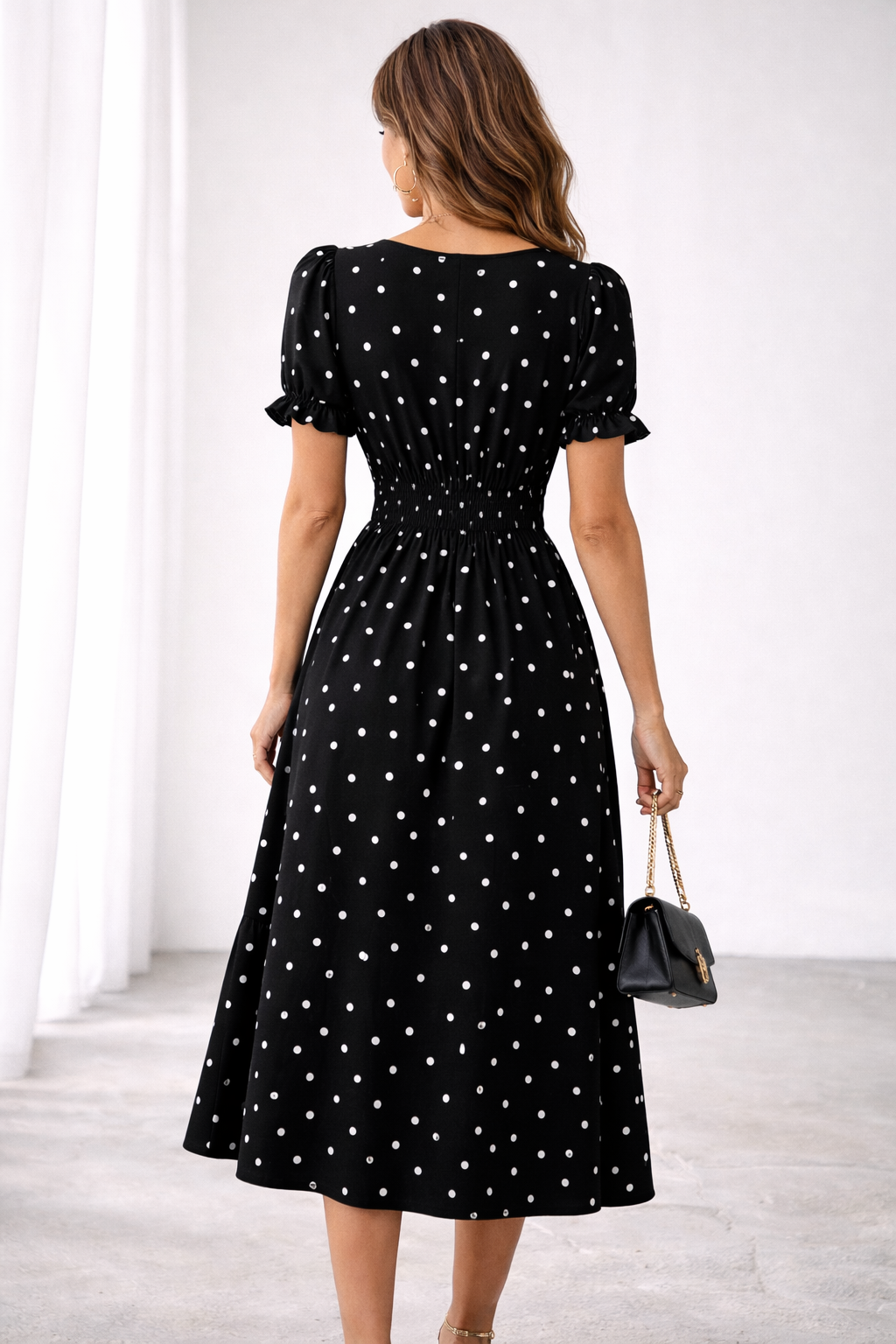 Mirella | Polka-Dot Tie-Neck Midi Dress