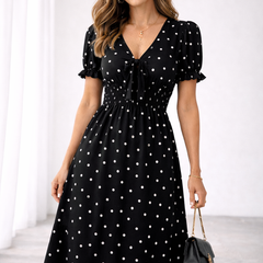 Mirella | Polka-Dot Tie-Neck Midi Dress